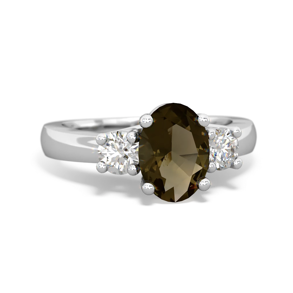 Smoky Quartz Diamond Three Stone Oval Trellis 14K White Gold ring R4024