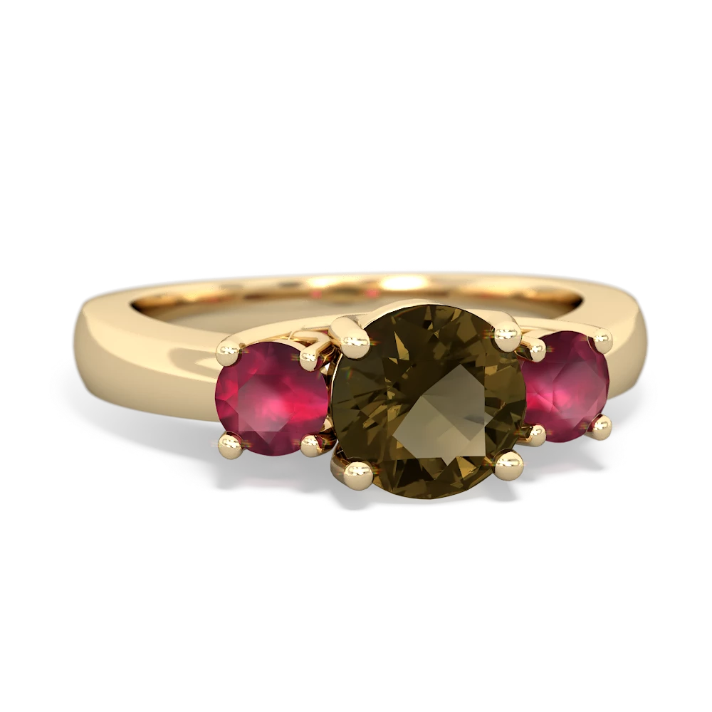 Smoky Quartz Three Stone Round Trellis 14K Yellow Gold ring R4018