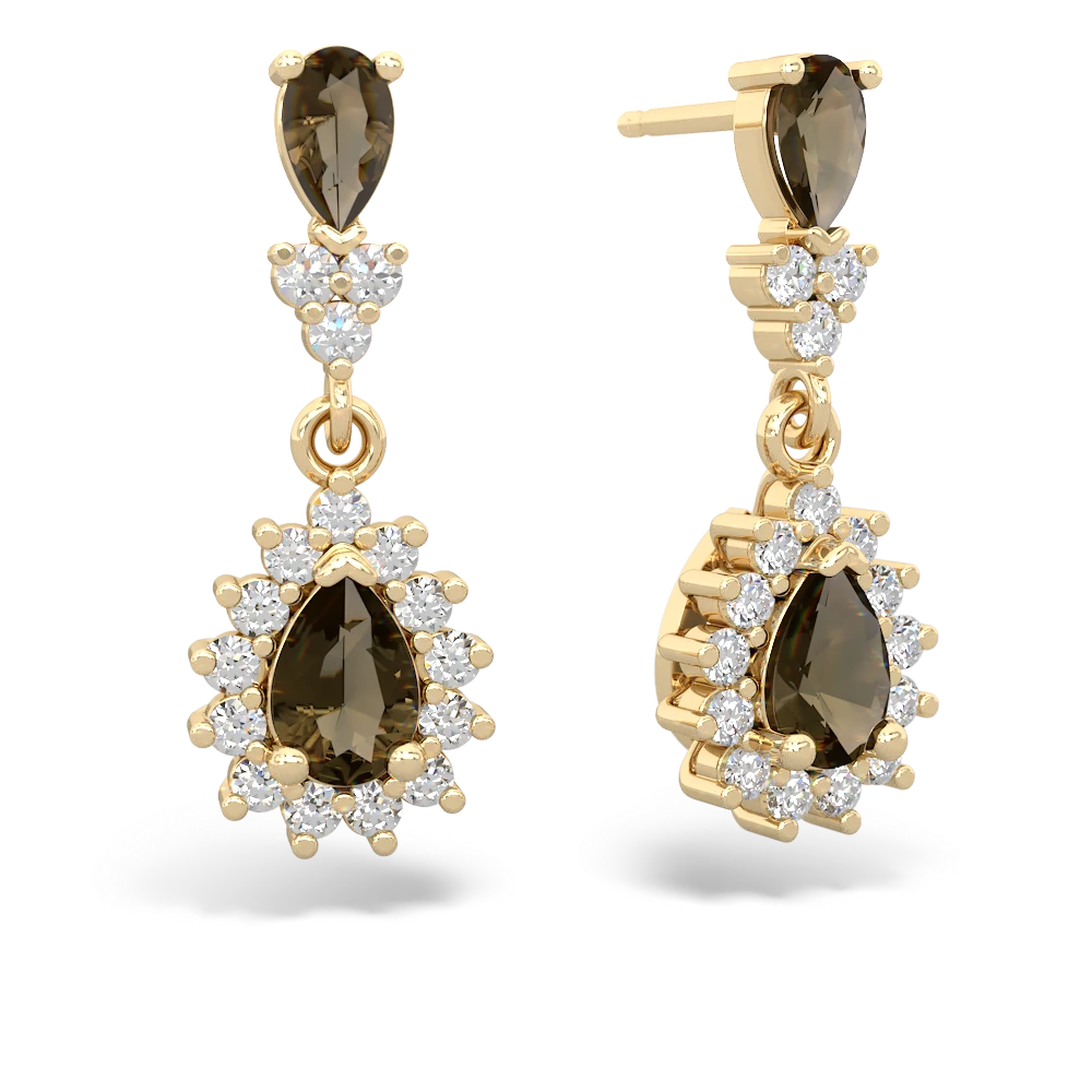 Smoky Quartz Halo Pear Dangle 14K Yellow Gold earrings E1882