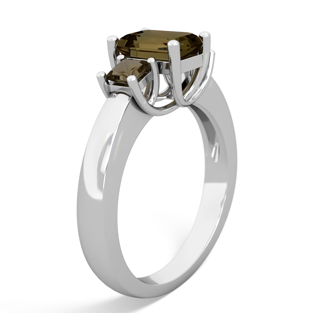 Smoky Quartz Three Stone Emerald-Cut Trellis 14K White Gold ring R4021