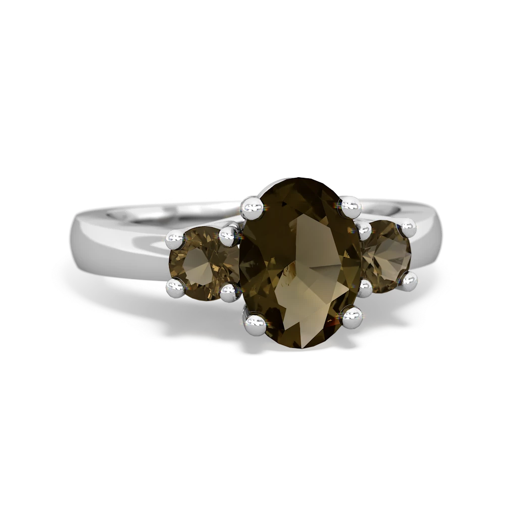 Smoky Quartz Three Stone Oval Trellis 14K White Gold ring R4024