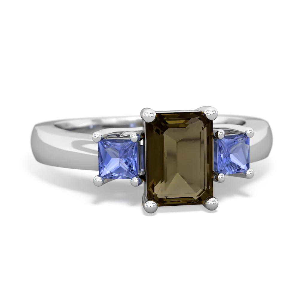 Smoky Quartz Three Stone Emerald-Cut Trellis 14K White Gold ring R4021