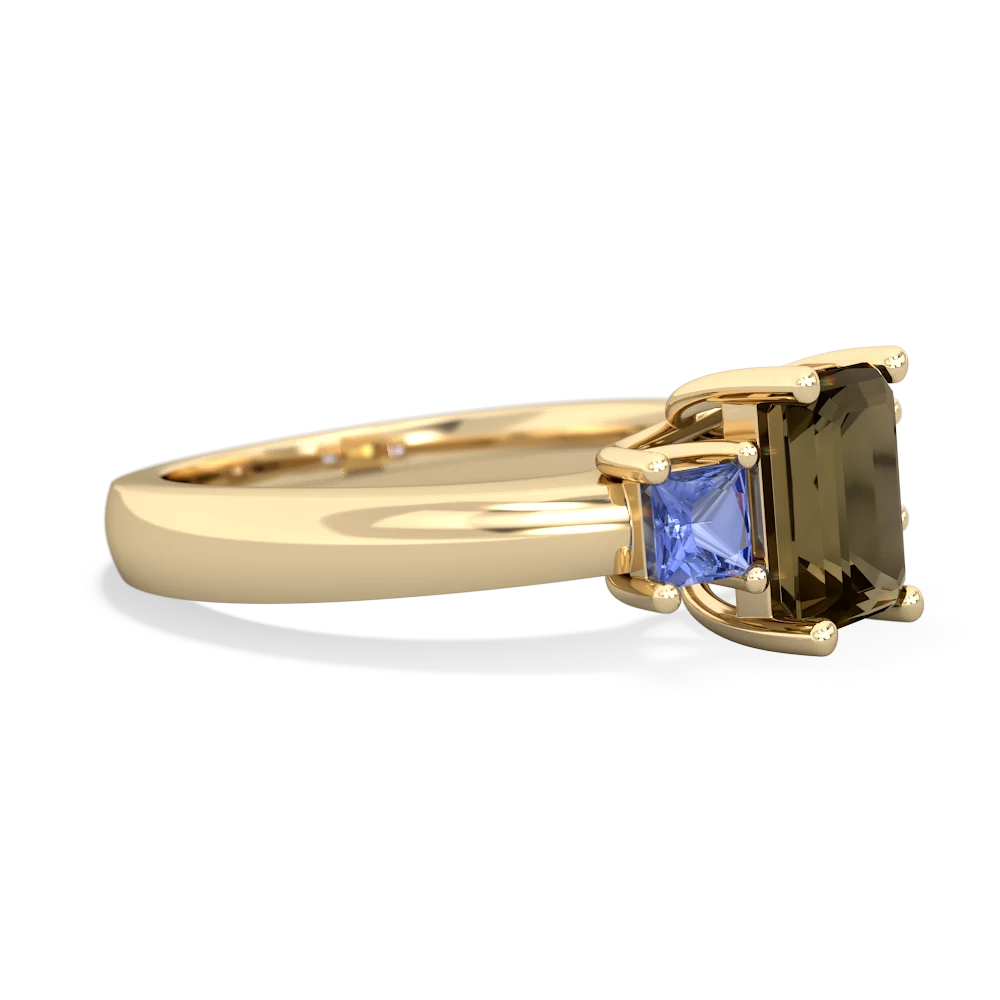 Smoky Quartz Three Stone Emerald-Cut Trellis 14K Yellow Gold ring R4021