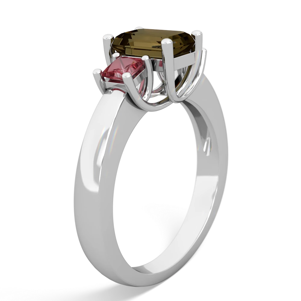 Smoky Quartz Three Stone Emerald-Cut Trellis 14K White Gold ring R4021