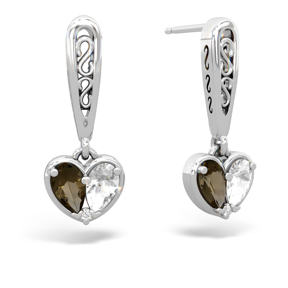 Smoky Quartz Filligree Heart 14K White Gold earrings E5070