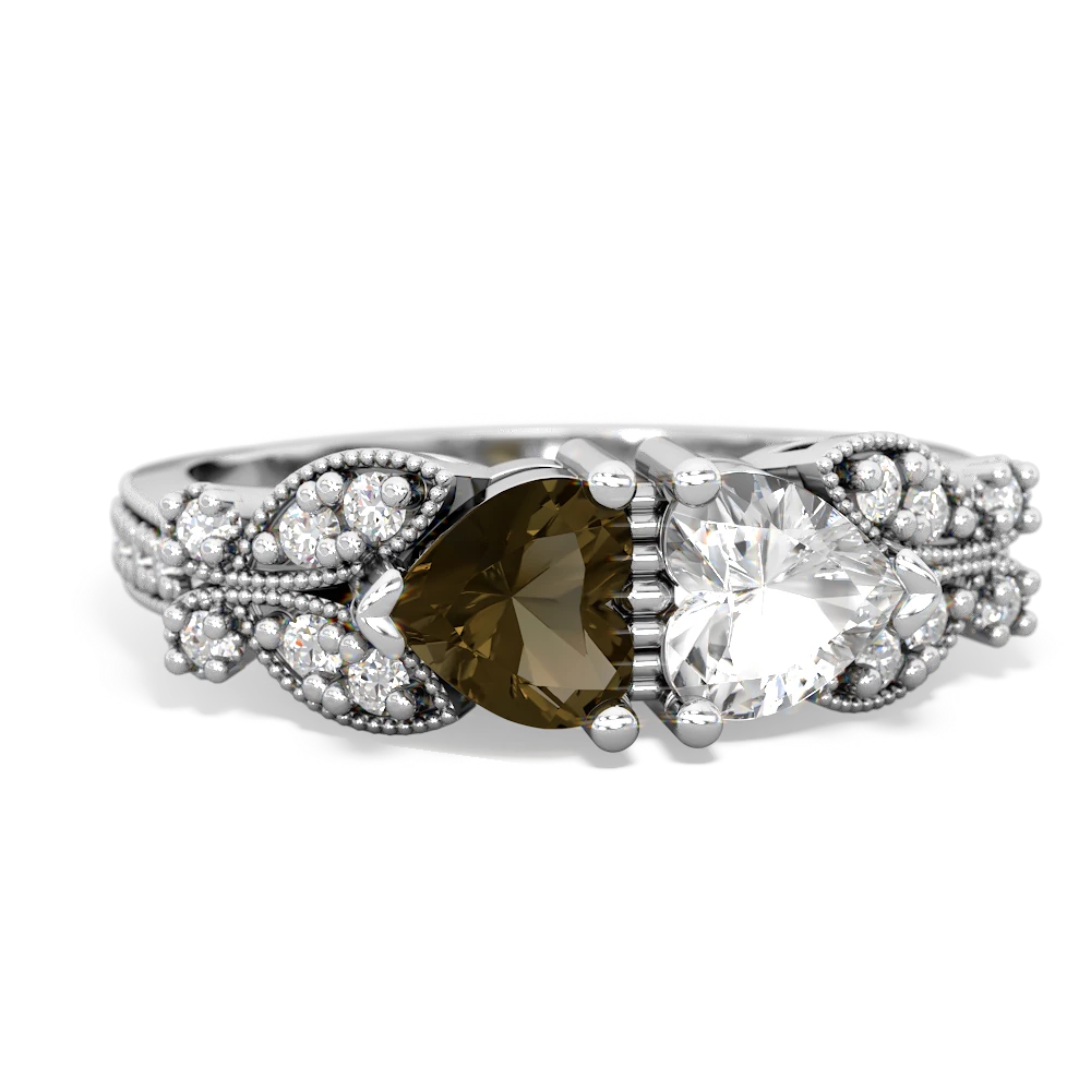 Smoky Quartz Diamond Butterflies 14K White Gold ring R5601