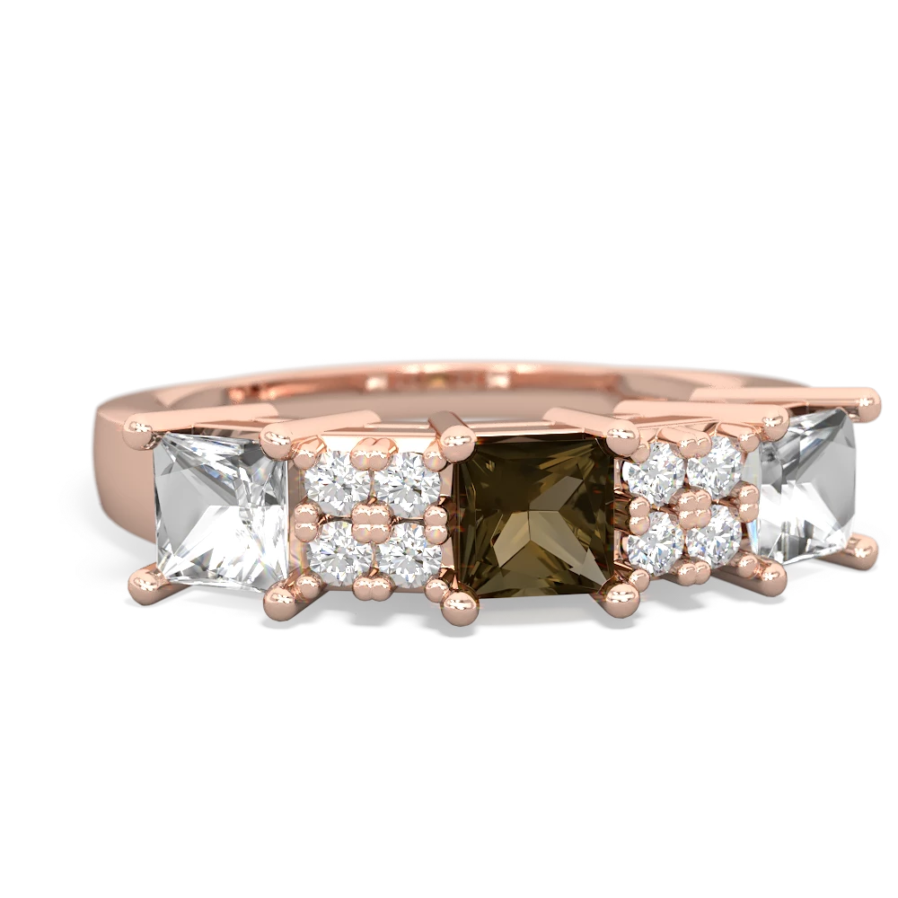 Smoky Quartz Three Stone Diamond Cluster 14K Rose Gold ring R2592