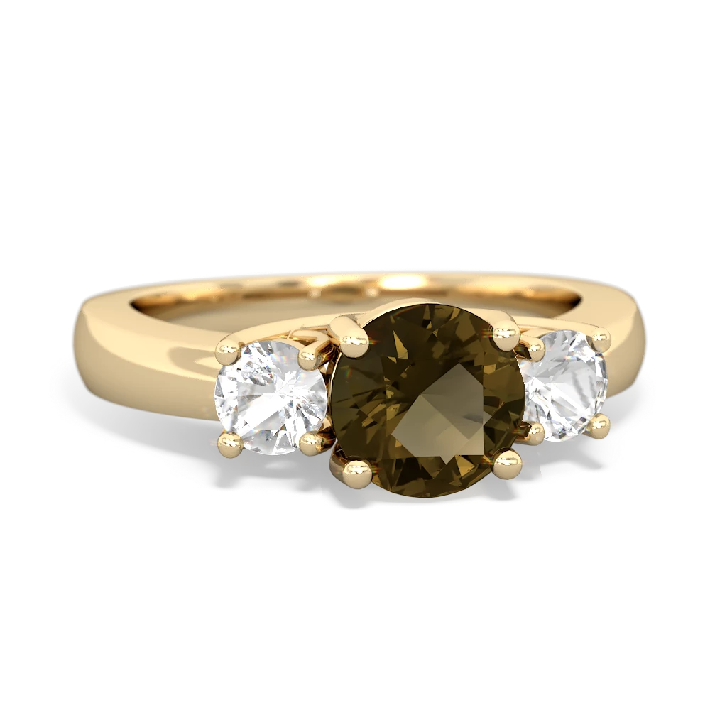 Smoky Quartz Three Stone Round Trellis 14K Yellow Gold ring R4018