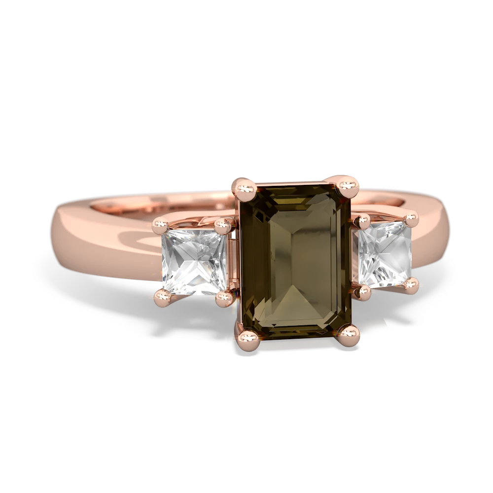 Smoky Quartz Three Stone Emerald-Cut Trellis 14K Rose Gold ring R4021