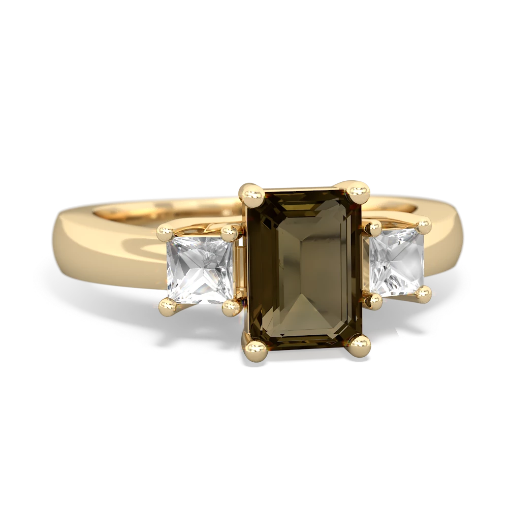 Smoky Quartz Three Stone Emerald-Cut Trellis 14K Yellow Gold ring R4021