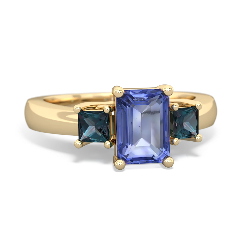 Tanzanite Three Stone Emerald-Cut Trellis 14K Yellow Gold ring R4021