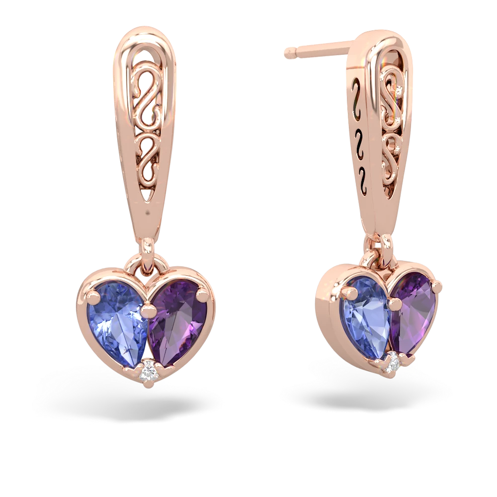 Tanzanite Filligree Heart 14K Rose Gold earrings E5070