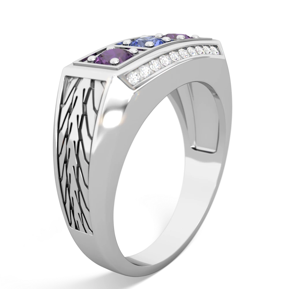 Tanzanite Three Stone Tire Tread Men's 14K White Gold ring R0520