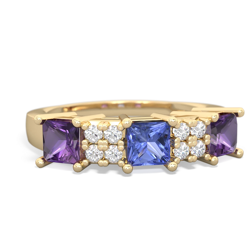 Tanzanite Three Stone Diamond Cluster 14K Yellow Gold ring R2592