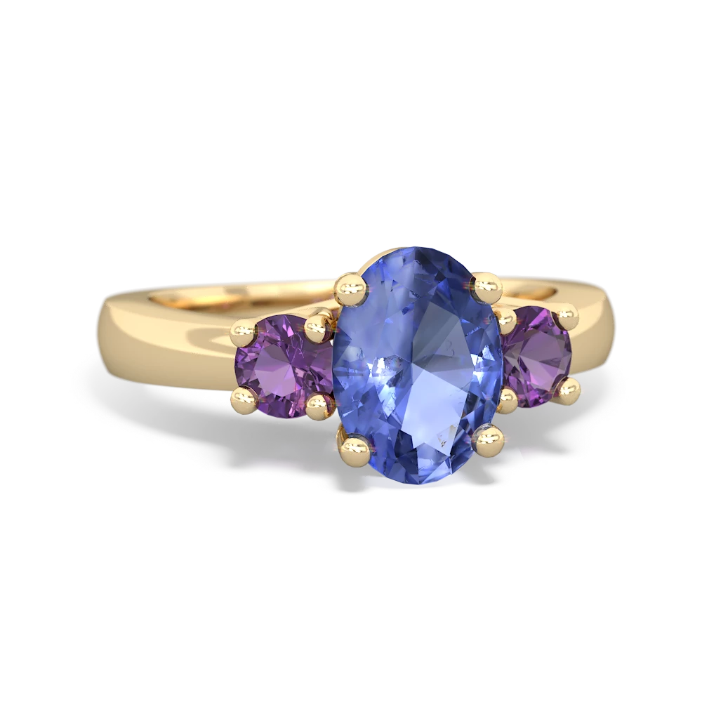 Tanzanite Three Stone Oval Trellis 14K Yellow Gold ring R4024