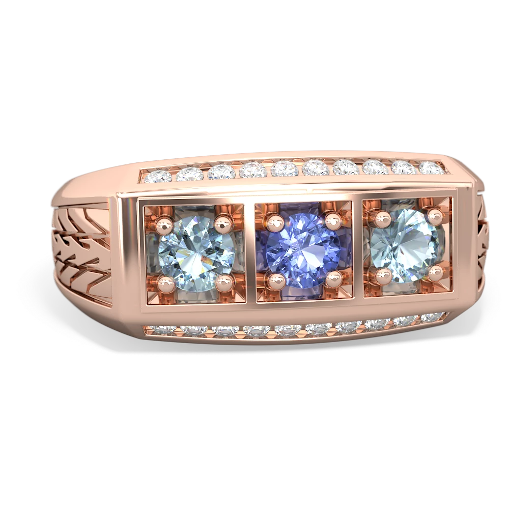 Tanzanite Three Stone Tire Tread Men's 14K Rose Gold ring R0520