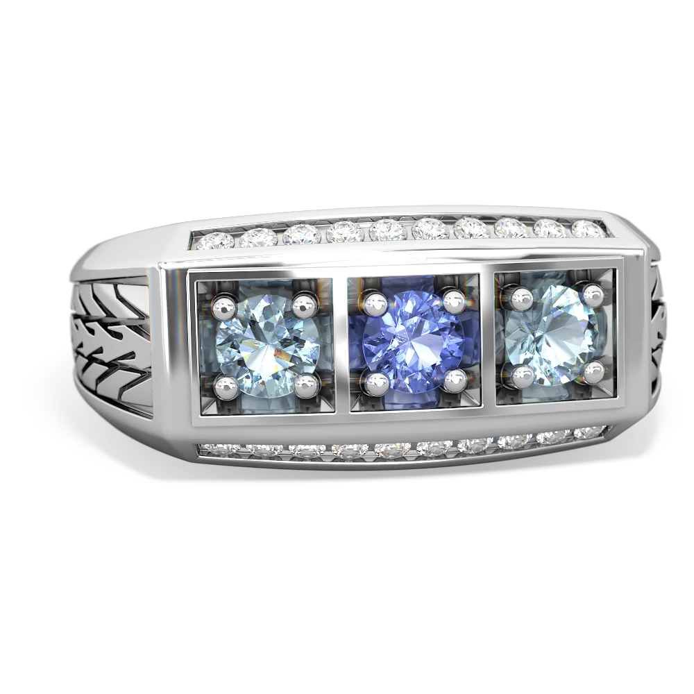 Tanzanite Three Stone Tire Tread Men's 14K White Gold ring R0520