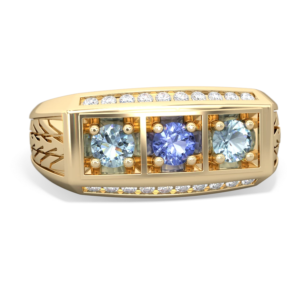 Tanzanite Three Stone Tire Tread Men's 14K Yellow Gold ring R0520