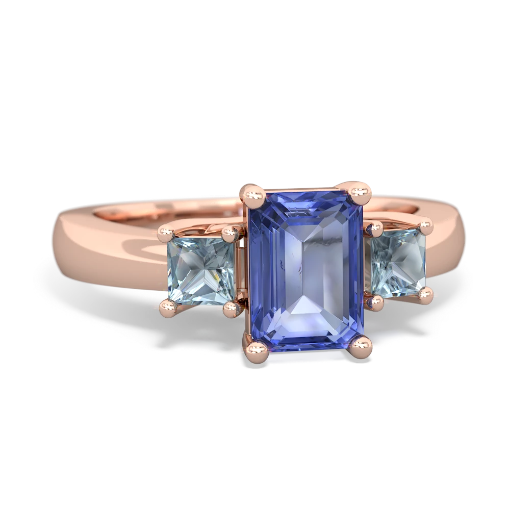 Tanzanite Three Stone Emerald-Cut Trellis 14K Rose Gold ring R4021