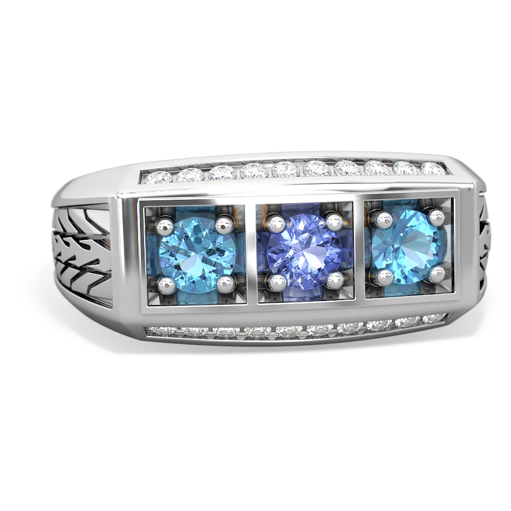 Tanzanite Three Stone Tire Tread Men's 14K White Gold ring R0520