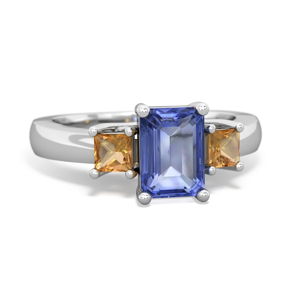 Tanzanite Three Stone Emerald-Cut Trellis 14K White Gold ring R4021