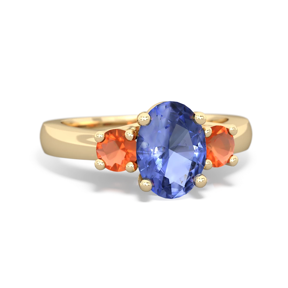 Tanzanite Three Stone Oval Trellis 14K Yellow Gold ring R4024