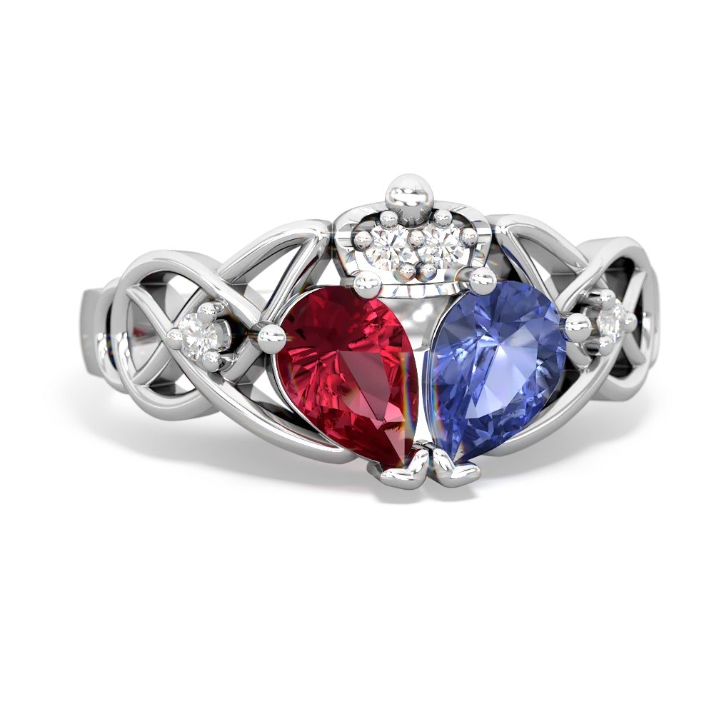 Tanzanite 'One Heart' Celtic Knot Claddagh 14K White Gold ring R5322