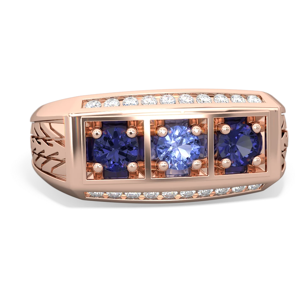 Tanzanite Three Stone Tire Tread Men's 14K Rose Gold ring R0520