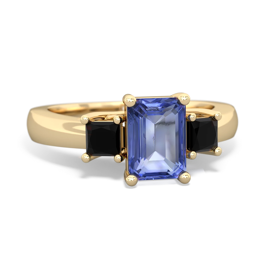 Tanzanite Three Stone Emerald-Cut Trellis 14K Yellow Gold ring R4021