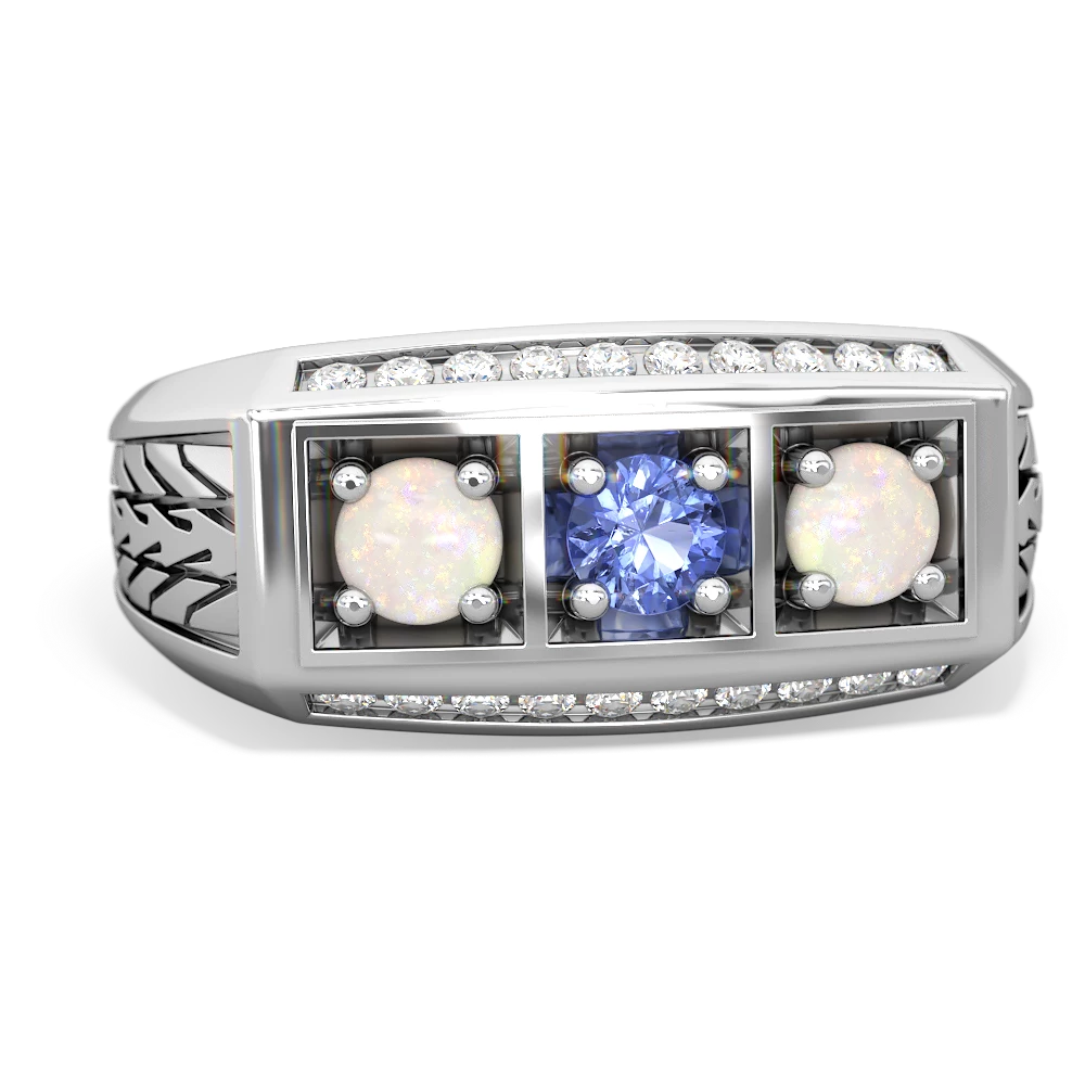 Tanzanite Three Stone Tire Tread Men's 14K White Gold ring R0520