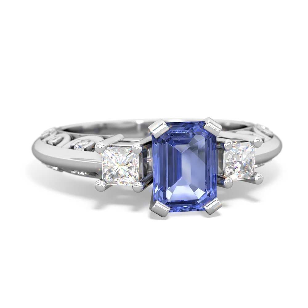 Tanzanite Art Deco Diamond 7X5 Emerald-Cut Engagement 14K White Gold ring R20017EM