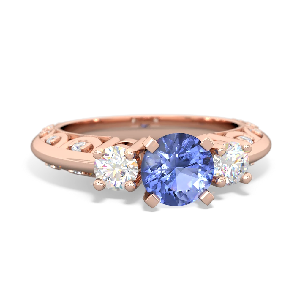 Tanzanite Art Deco Diamond 6Mm Round Engagment 14K Rose Gold ring R2003
