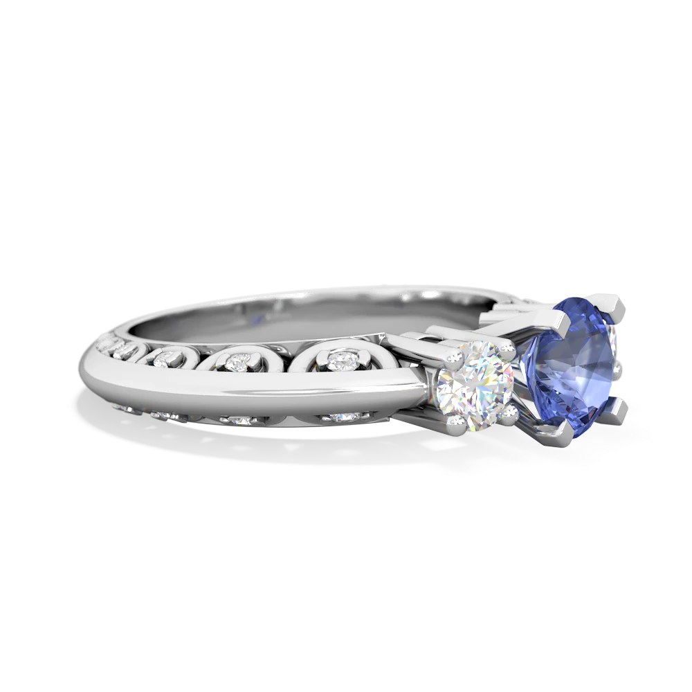 Tanzanite Art Deco Diamond 6Mm Round Engagment 14K White Gold ring R2003