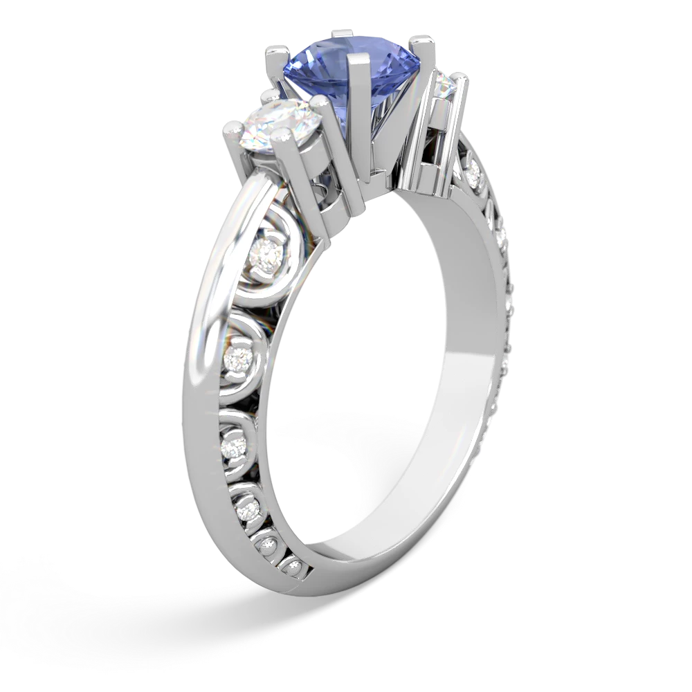 Tanzanite Art Deco Diamond 6Mm Round Engagment 14K White Gold ring R2003