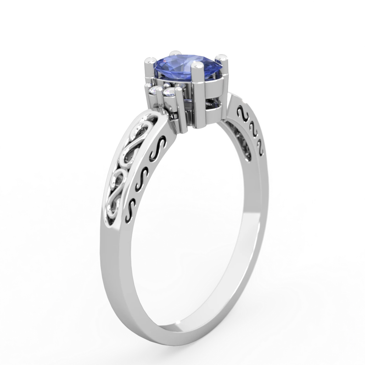 Tanzanite Filligree Scroll Oval 14K White Gold ring R0812