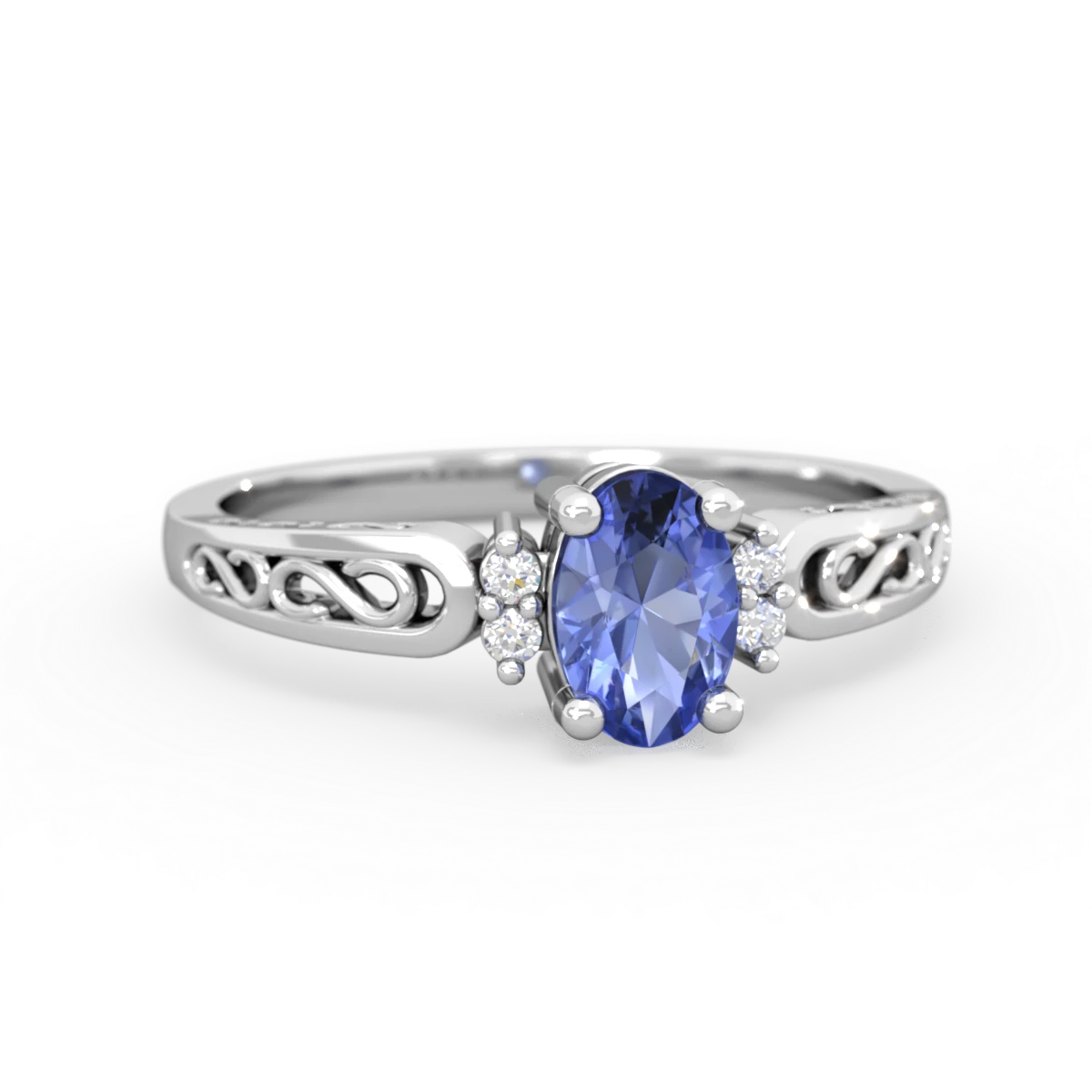 Tanzanite Filligree Scroll Oval 14K White Gold ring R0812