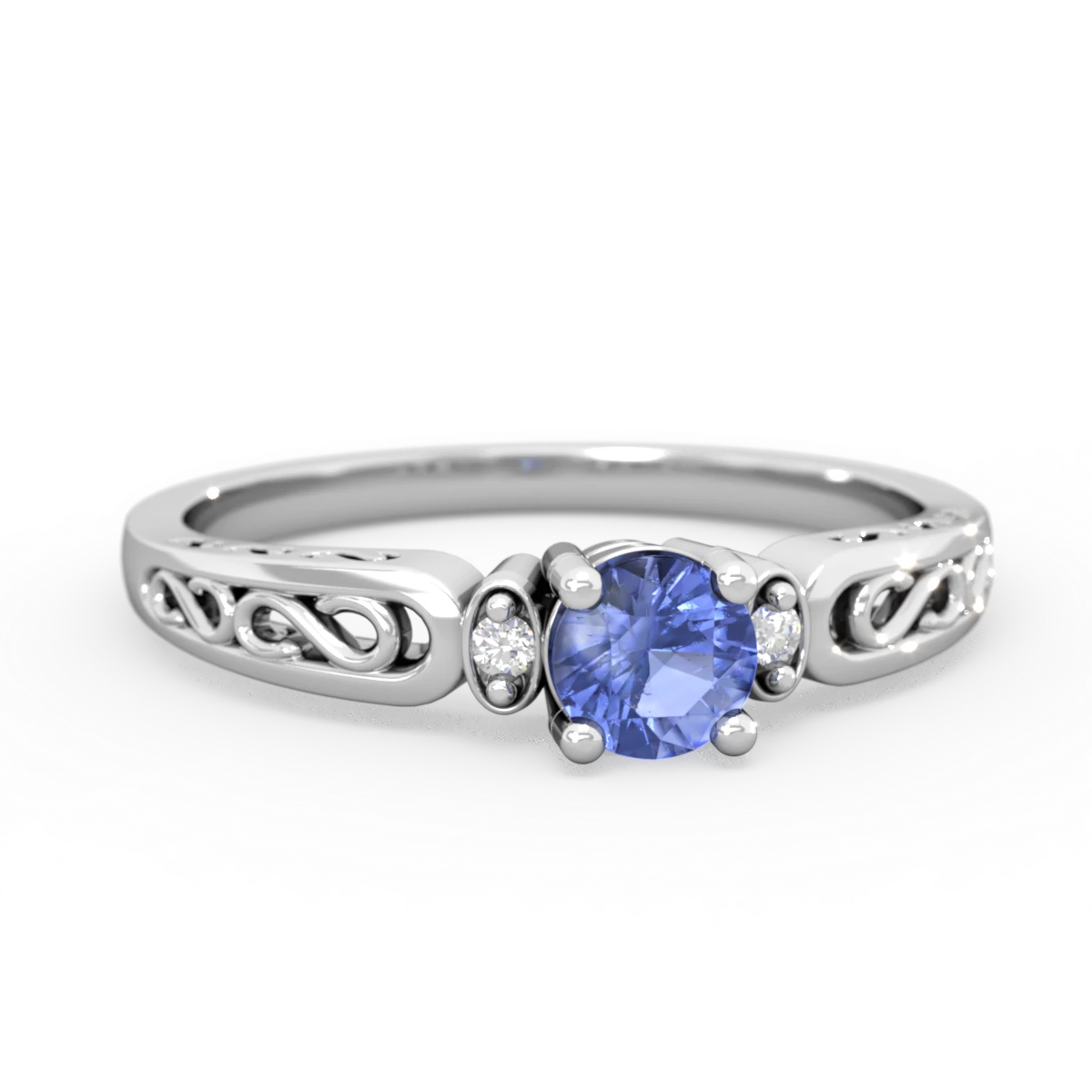 Tanzanite Filligree Scroll Round 14K White Gold ring R0829