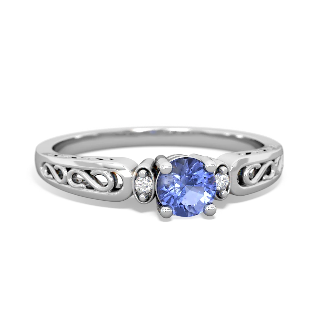 Tanzanite Filligree Scroll Round 14K White Gold ring R0829