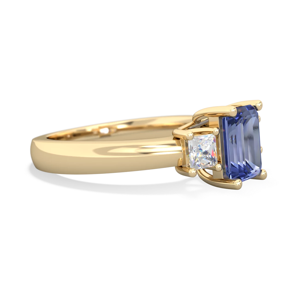 Tanzanite Diamond Three Stone Emerald-Cut Trellis 14K Yellow Gold ring R4021