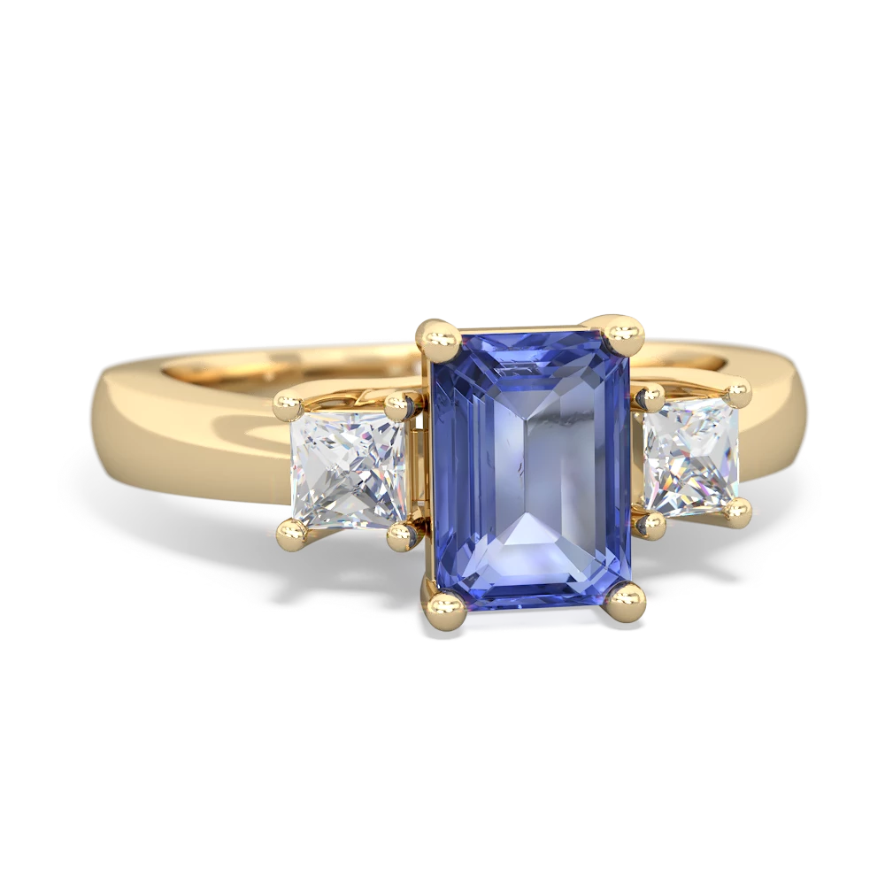 Tanzanite Diamond Three Stone Emerald-Cut Trellis 14K Yellow Gold ring R4021