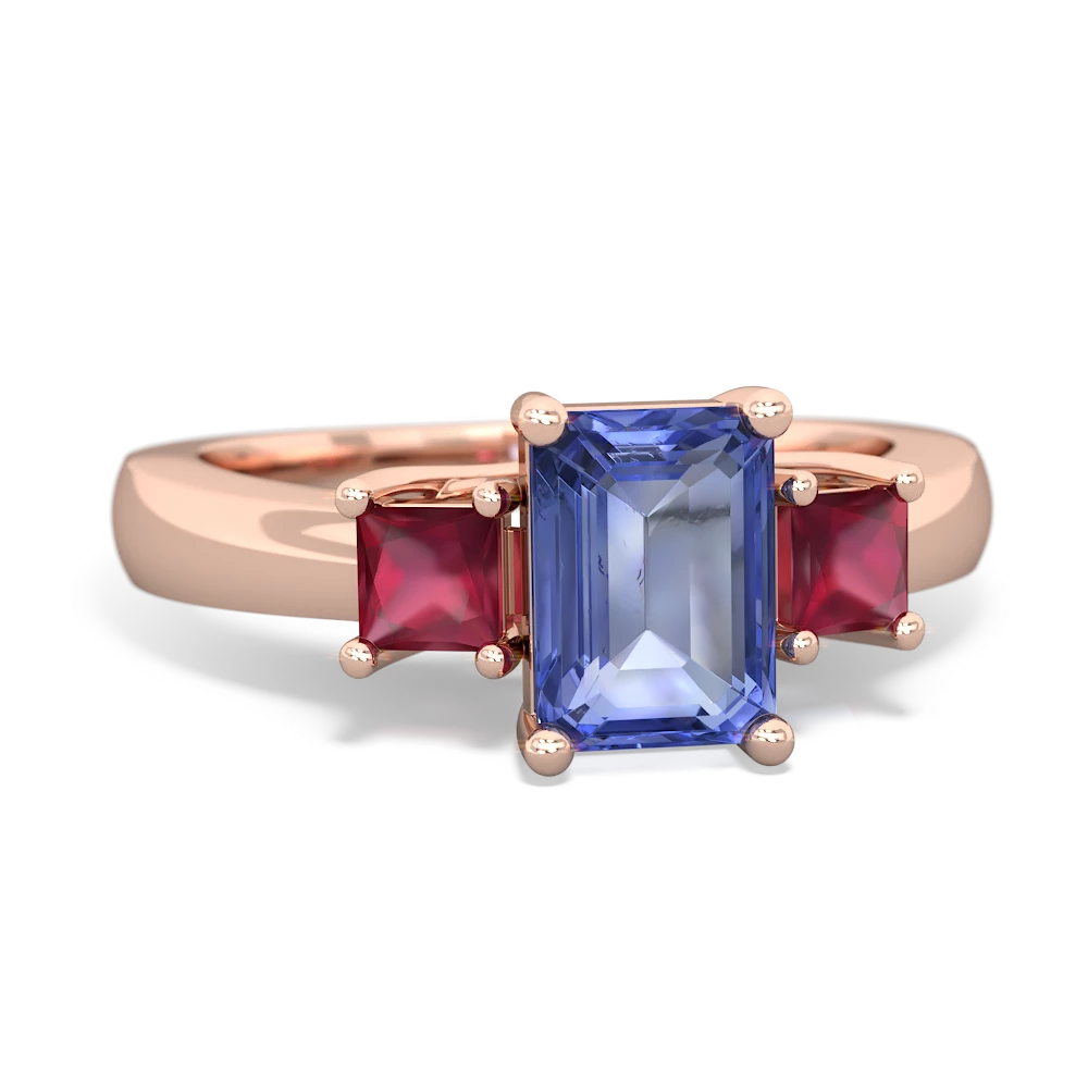 Tanzanite Three Stone Emerald-Cut Trellis 14K Rose Gold ring R4021