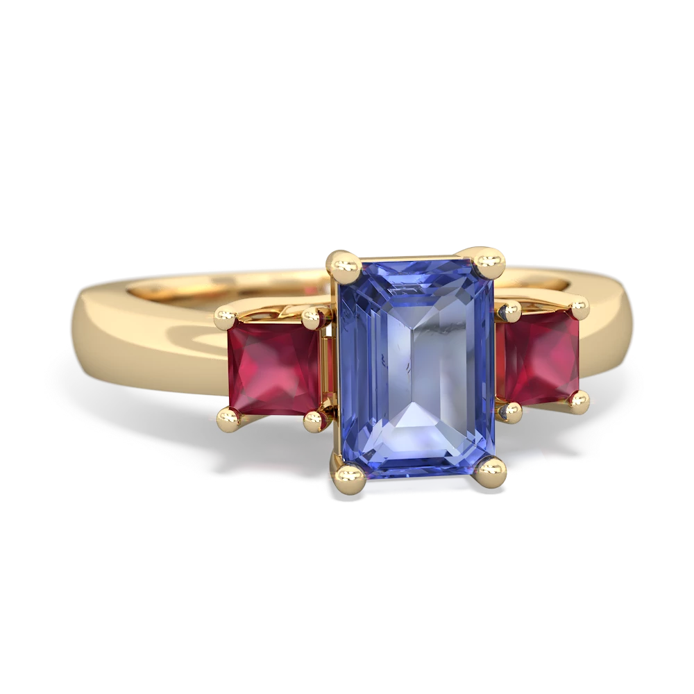 Tanzanite Three Stone Emerald-Cut Trellis 14K Yellow Gold ring R4021