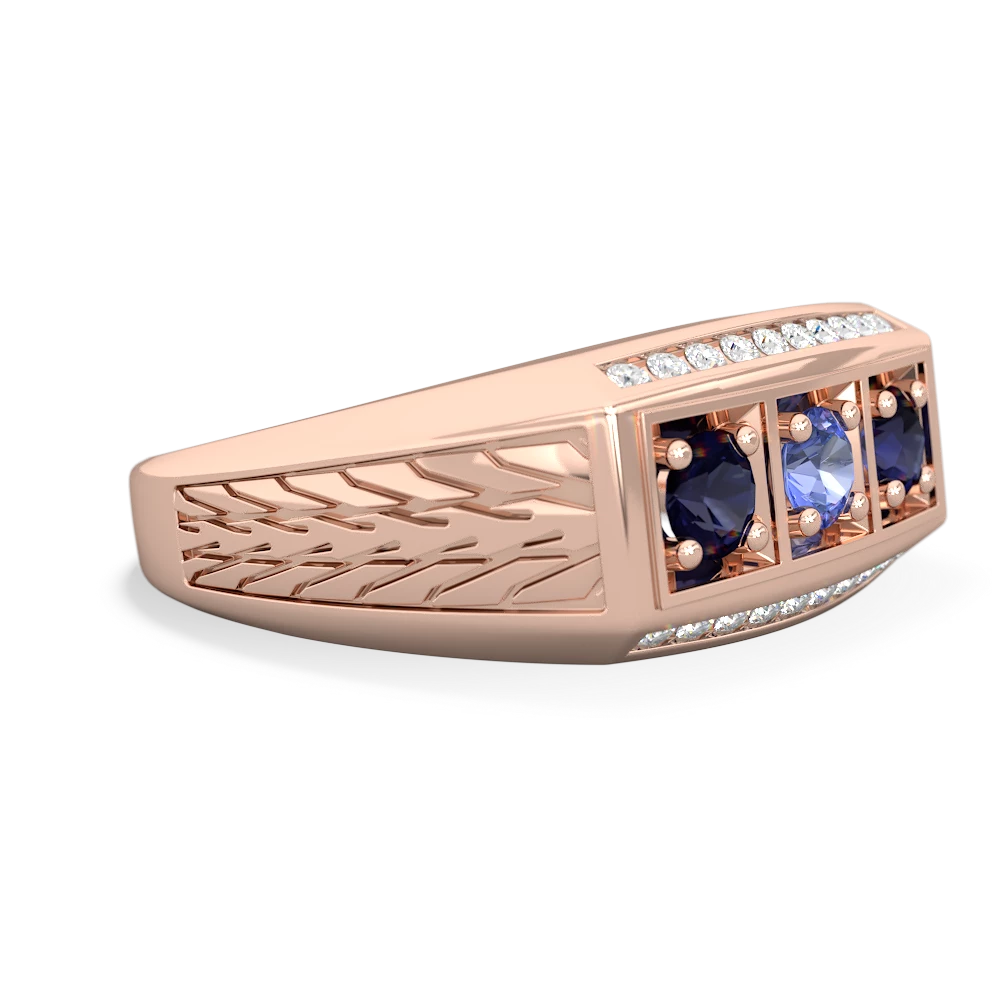 Tanzanite Three Stone Tire Tread Men's 14K Rose Gold ring R0520