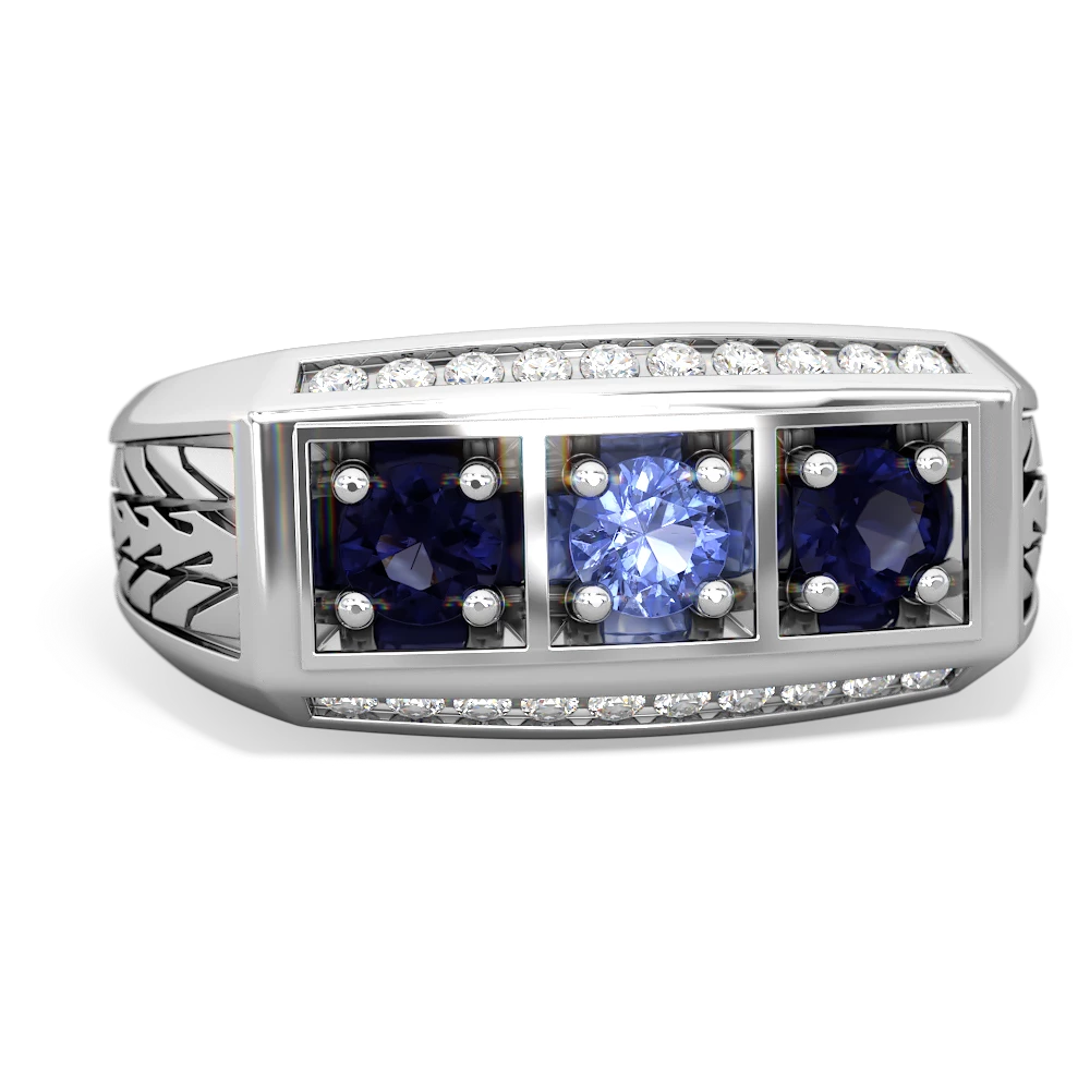 Tanzanite Three Stone Tire Tread Men's 14K White Gold ring R0520