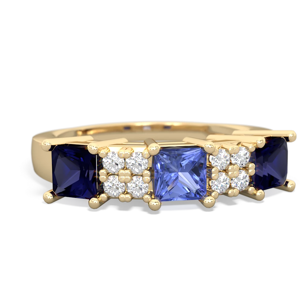 Tanzanite Three Stone Diamond Cluster 14K Yellow Gold ring R2592