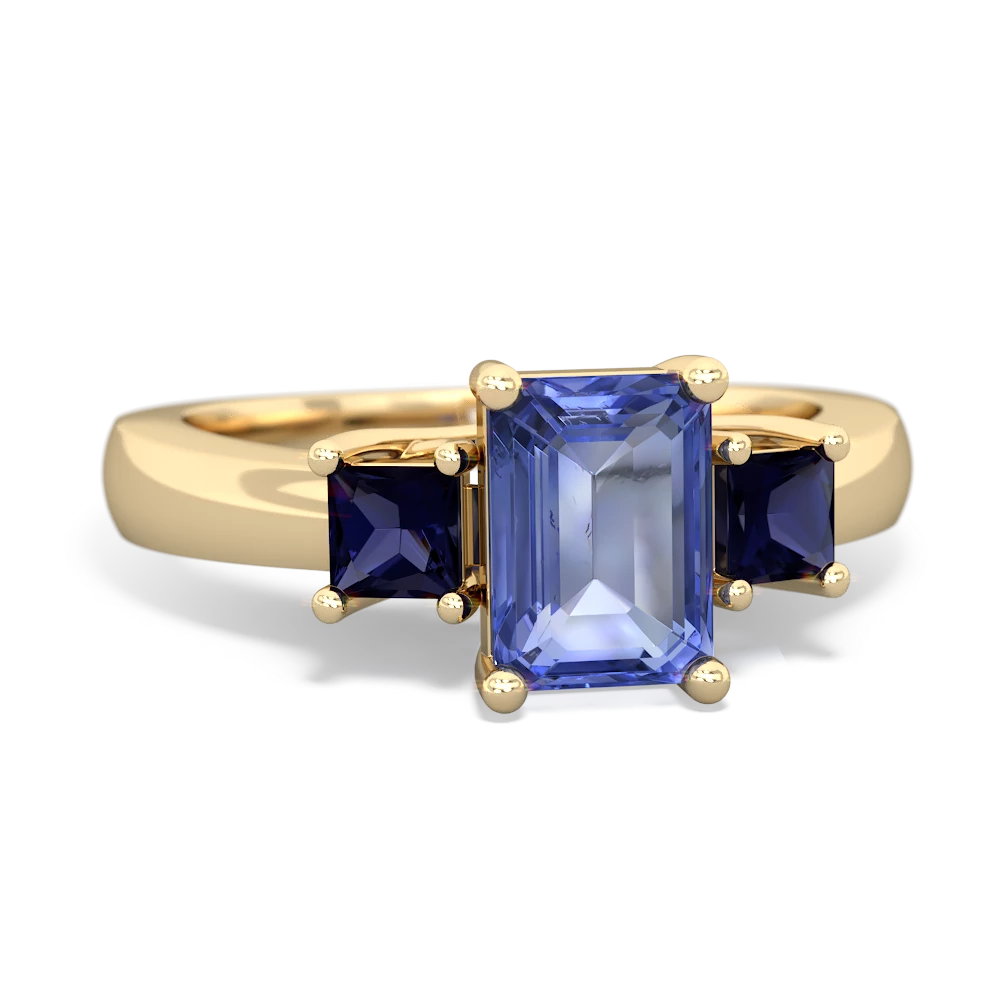 Tanzanite Three Stone Emerald-Cut Trellis 14K Yellow Gold ring R4021