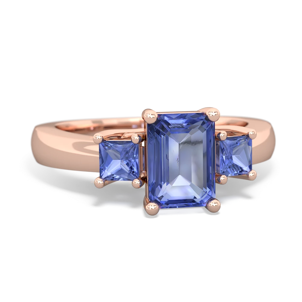 Tanzanite Three Stone Emerald-Cut Trellis 14K Rose Gold ring R4021