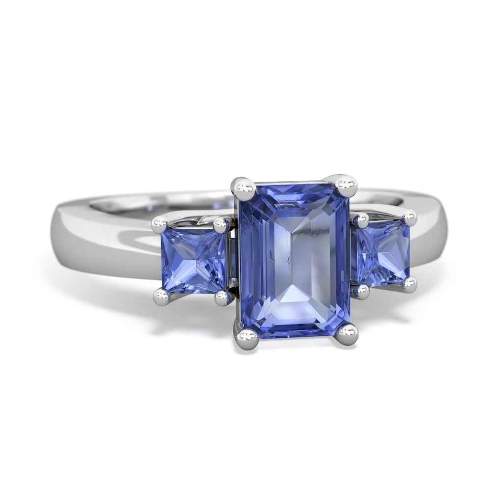 Blue Topaz Three Stone Emerald-Cut Trellis 14K White Gold ring R4021