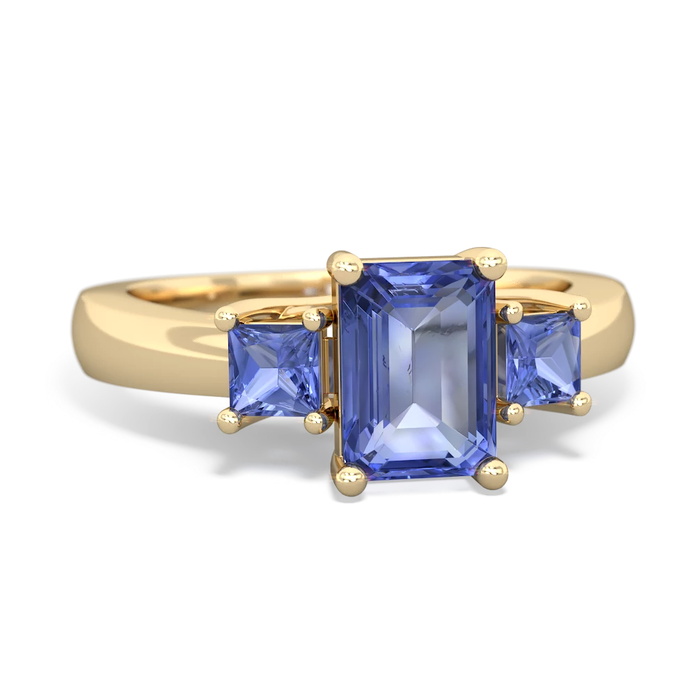 Lab Sapphire Three Stone Emerald-Cut Trellis 14K Yellow Gold ring R4021