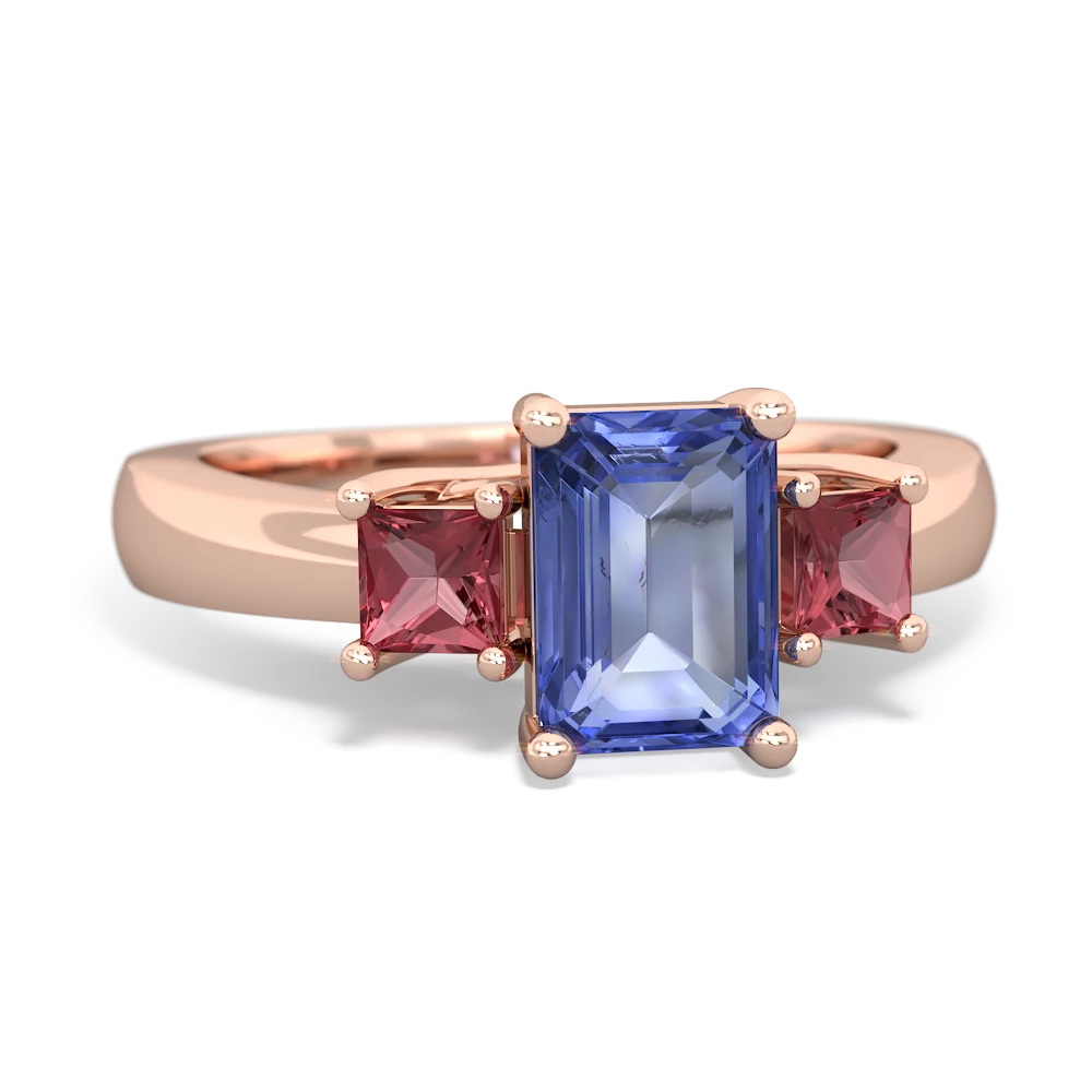 Tanzanite Three Stone Emerald-Cut Trellis 14K Rose Gold ring R4021